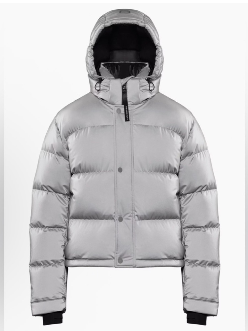 Aritzia Super Puff Hi Vis Silver Reflective Shorty Puffer Jacket with Hood